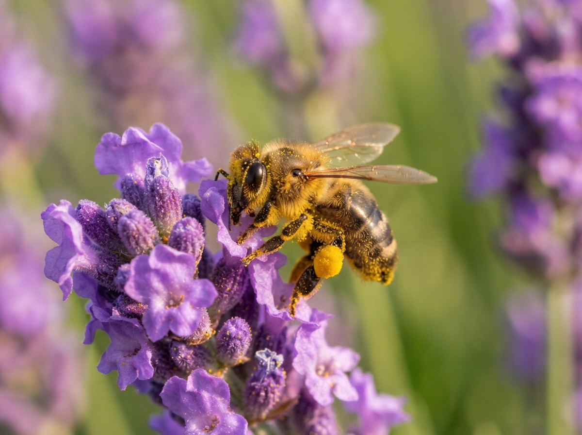 Abeille domestique couverte de pollen jaune sur une fleur de lavande violette en gros plan.