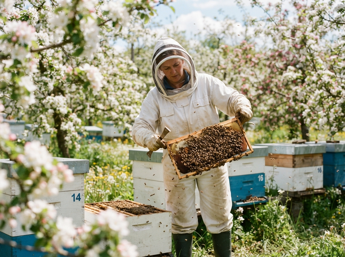 Apiculteur en tenue blanche inspectant des cadres de ruche couverts d'abeilles dans un verger.