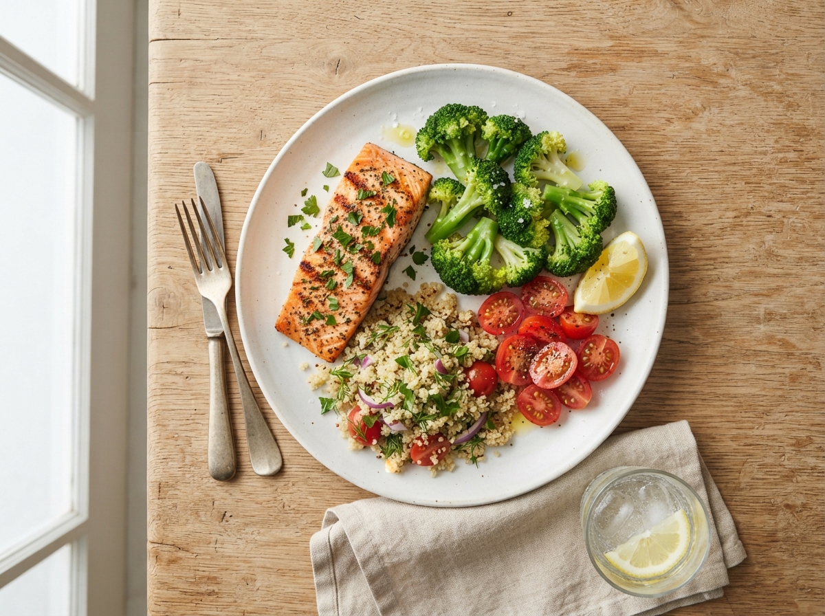 Photo d'un repas sain avec saumon grillé, brocolis, quinoa et tomates cerises sur une assiette blanche.
