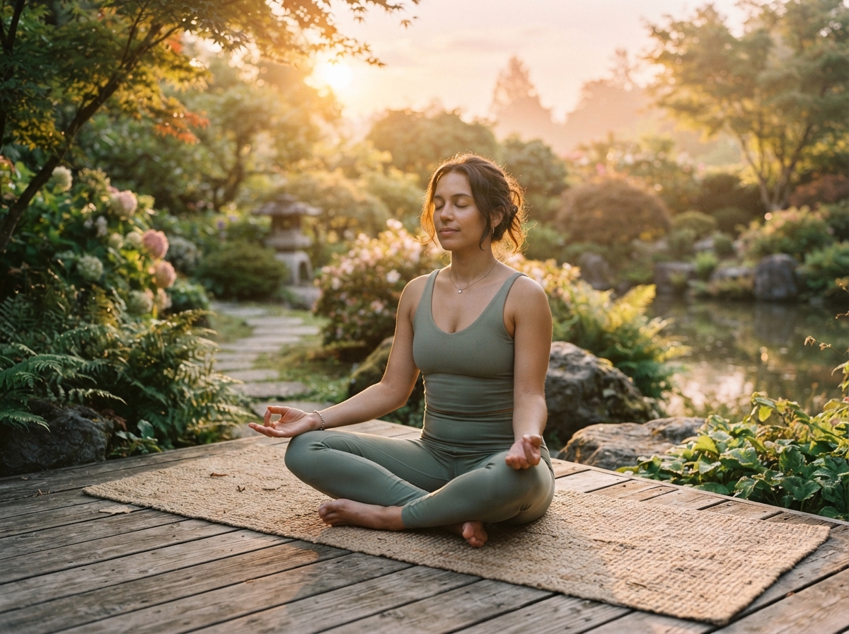 Photo d'une personne méditant en position assise au lever du soleil dans un jardin paisible.