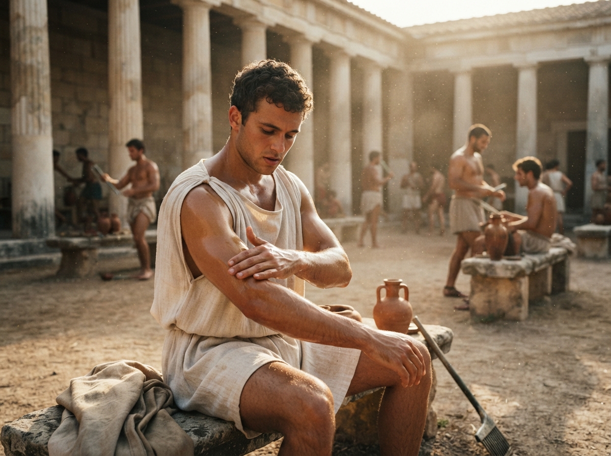 Athlète grec antique s'enduisant d'huile d'olive dans une palestre avant une épreuve olympique.
