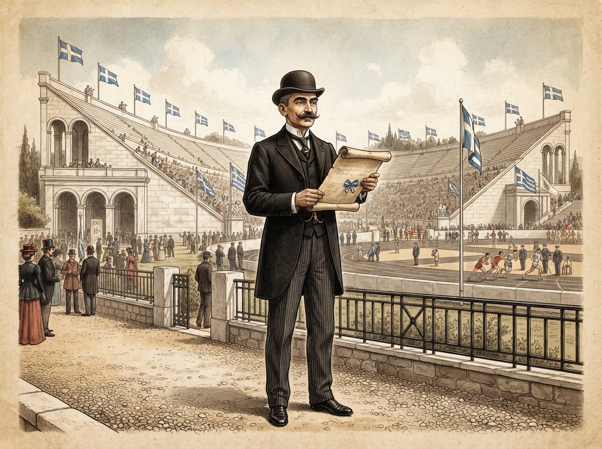 Portrait de Pierre de Coubertin devant le stade panathénaïque d'Athènes lors des premiers Jeux olympiques modernes en 1896.