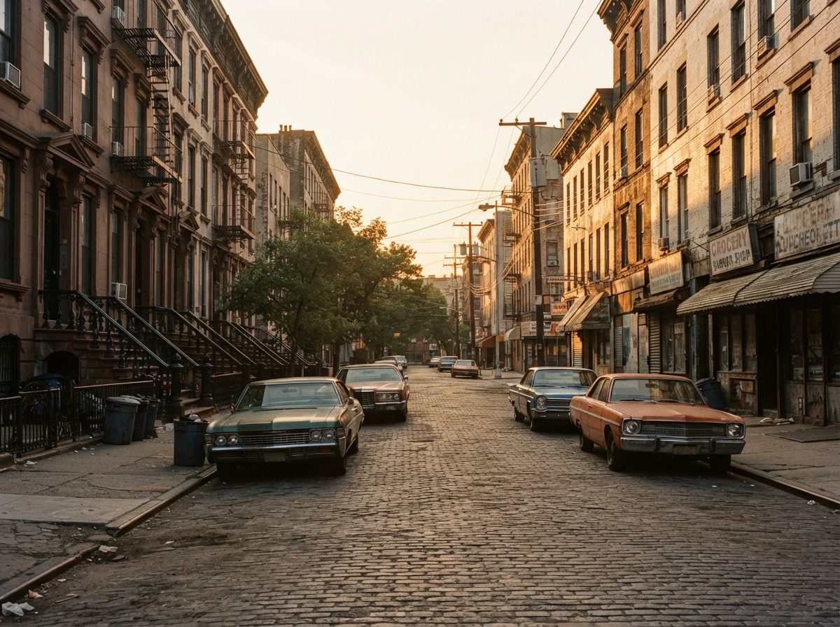 Rue de Harlem années 1970 avec immeubles en brique, voitures d'époque et commerces de quartier sous lumière dorée.